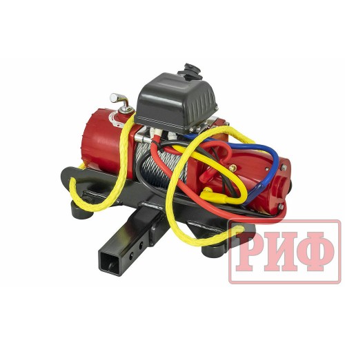 Лебёдка переносная РИФ 9.5XS c квадратом для фаркопа и проводами в сборе, короткий барабан, стальной трос (облегченная)