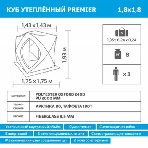 Палатка зимняя PREMIER Куб утепленная 1,8х1,8 желтый люминисцентный/серый